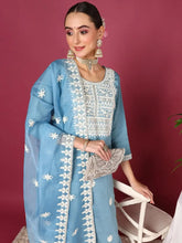 Women Blue Silk Blend Embroidered Straight Kurta Pant Set